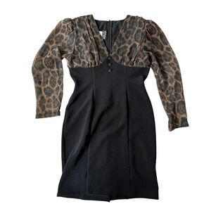 Large Vintage 80s All That Jazz Black Midi Dress Leopard Print Shoulder Pads